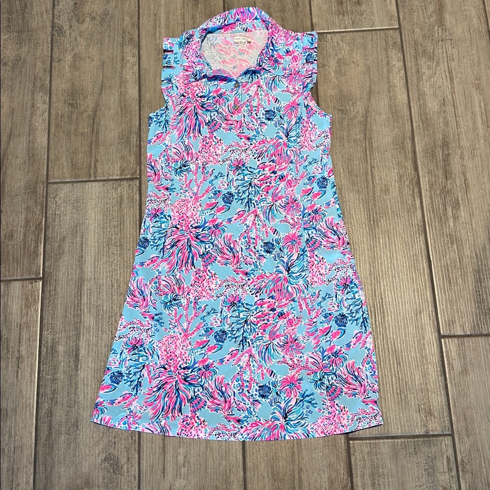 Lilly Pulitzer Aqua Floral Print Sleeveless Midi Dress with Pink & Blue
